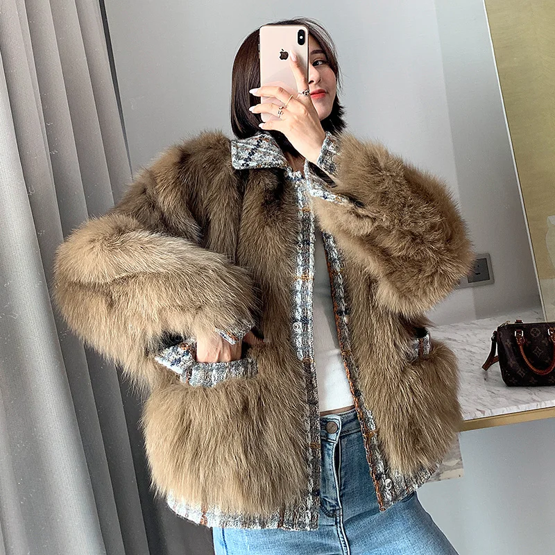 rf2041 Turn Down Collar New Arrival Woman's Real Fox Fur Jacket Fashion Natural Fur Coat for Ladies - Цвет: CAMEL