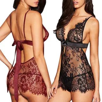 

Women Sexy Lingerie Lace Dress Underwear Black Red Babydoll Sleepwear G-string Nightwear Exotic Sets Plus Size XL