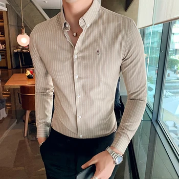

M-3XL Men Formal Wear Shirt Autumn New Business Men Dress Shirt Long Sleeve Simple Embroidery Striped Shirts For Men