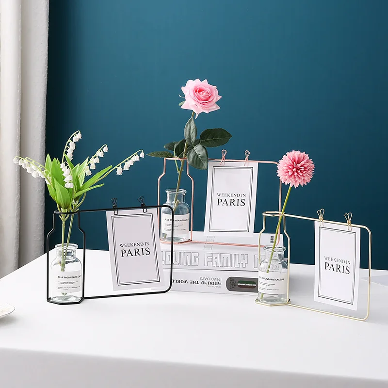 Nordic Hydroponic Glass Vase Wrought Iron Vase Photo Frame Decoration Table Flower Vases Decoration Home Metal Plant Holder 2