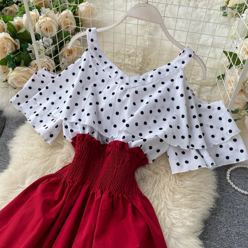Boho Ruffles sexy Off shoulder polka dot print patchwork Summer short Dress Women slim waist dress casual a-line beach dress