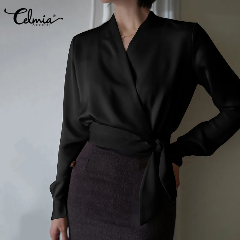 

Stylish Solid Blouses Women Celmia Fashion Sexy V-Neck High Waist Pleated Shirt Long Sleeve Belted Casual Tops Plus Size Blusas