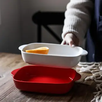 

Ceramic double ear rectangular cheese baking pan baking tray western food oven high temperature bowl charger plate juul LB72309