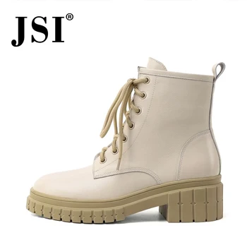 

JSI Mid-calf Martin beige Boots Winter Woman Genuine Leather Low Heel Platform Boots Ladies solid Pattern Cross-tied Shoes JO596