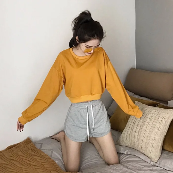 

new Women's Clothing solid short o-neck casual style Spring and autumn womens hoodies pullover sweatshirt moda feminina Ladies