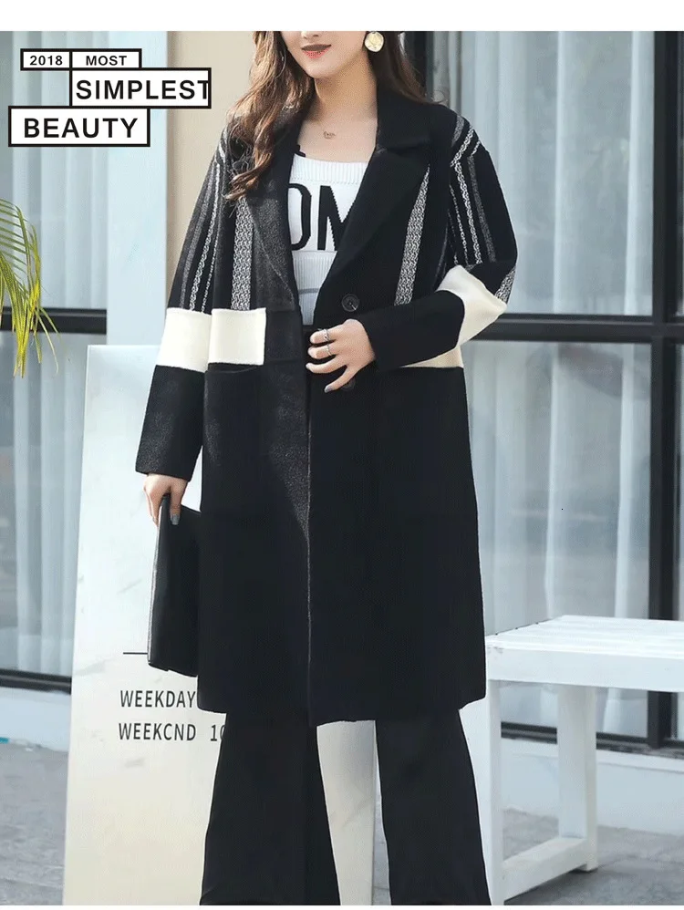 [EWQ] осень зима отложной воротник полный рукав флис черный толстый модный контрастный цвет размера плюс шерстяное пальто 19N-a253