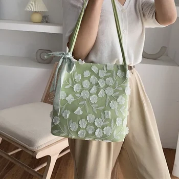 

Flowers Lace Bag Women 2020 New Trend Ribbons Scarf Shoulder Bag Fashion Temperament Elegant Summer Beach Bag Girl's Bag