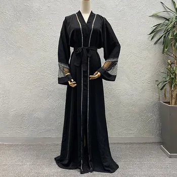 

Women Dress Sexy Mesh Splicing Luxury Rhinestone African Ladies Cardigan Muslim Robe Fashion Loose Long Sleeve Party Dresses