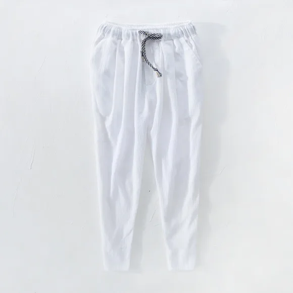 white Csaual хлопковые и льняные белые брюки мужские осенние и летние брюки мужские модные укороченные брюки для мужчин pantalones broek - Цвет: white