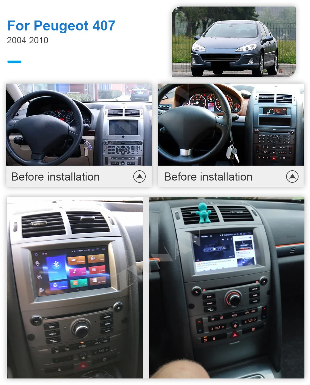 2 DIn Carplay Android Screen For Peugeot 407 2004 2005 2006 2007 2008 2009 2010 GPS Multimedia Audio Stereo Radio Receiver Unit