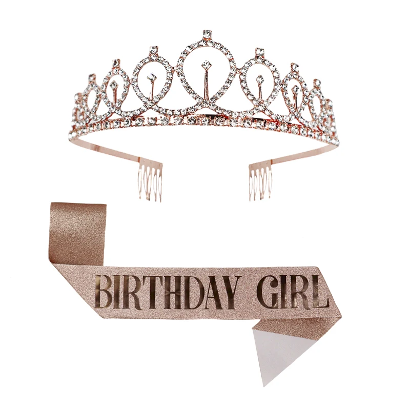 Gold Silver Glitter Birthday Sash Rhinestone Tiara 18th Crystal Crown Birthday Queen Satin Ribbon Sash For Birthday Party Decor
