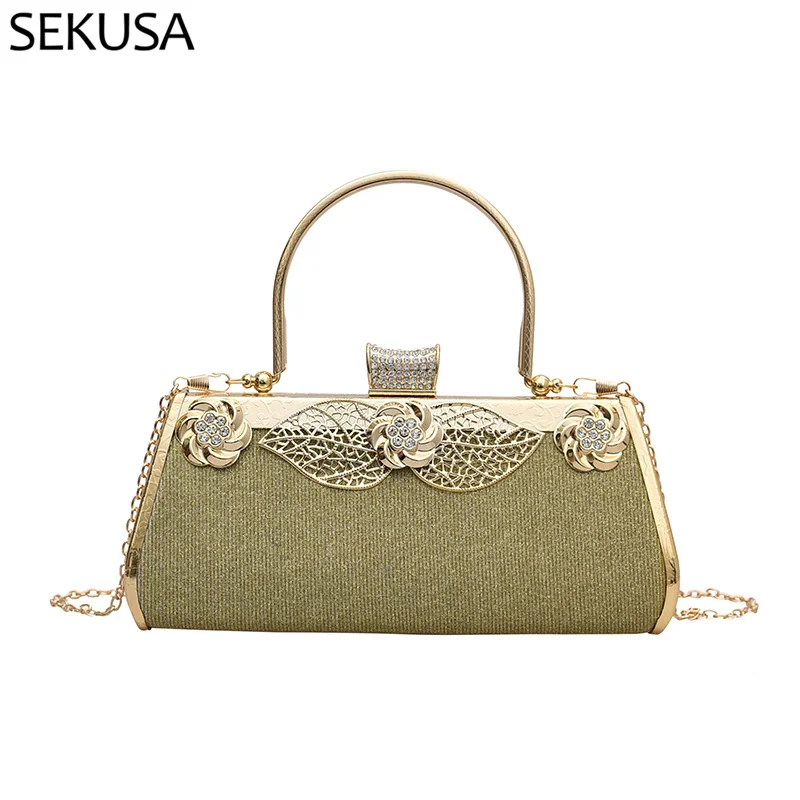 Bucket Design Women Evening Bags Diamonds Metal Day Clutch Flower