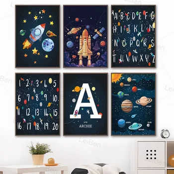 

Children's Room Home Decoration Planet Rocket Canvas Painting Spaceship Number Letter Wall Art Cartoon Poster Kindergarten Mural