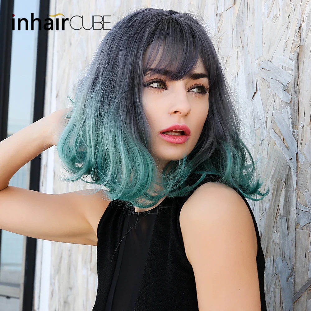 

Inhaircube 14"Medium Wavy Ombre Green Synthetic Wigs Bob Wig With Bangs Cosplay Hair For Women Dark Root Daily/Party Use