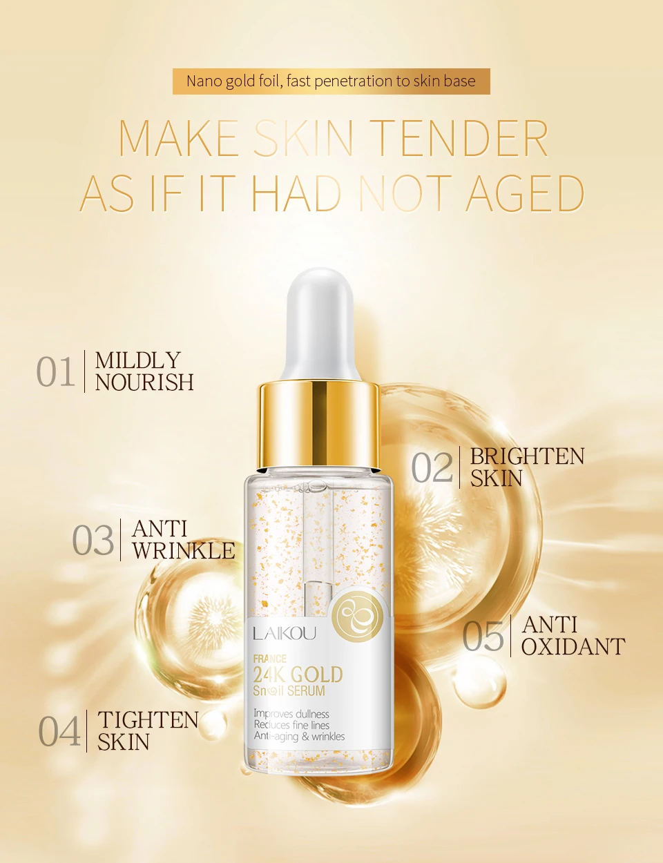 

Laiko 17ml 24K Snail Serum Hyluronic Acid Serum Anti Aging Skin Whitening Essense Japan Hyaluronic Acid skin Care Face Serum