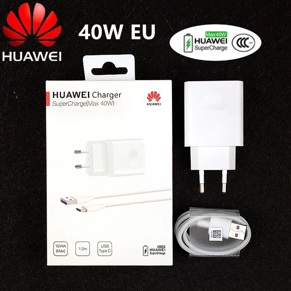 40w EU With box Зарядное устройство huawei,, 40 Вт, ЕС, быстрая зарядка, адаптер питания, 5 А, Тип c, кабель usb для mate 30 pro nova 5 5t 5 pro 6 p20 p30 pro - Тип штекера: 40w EU With box