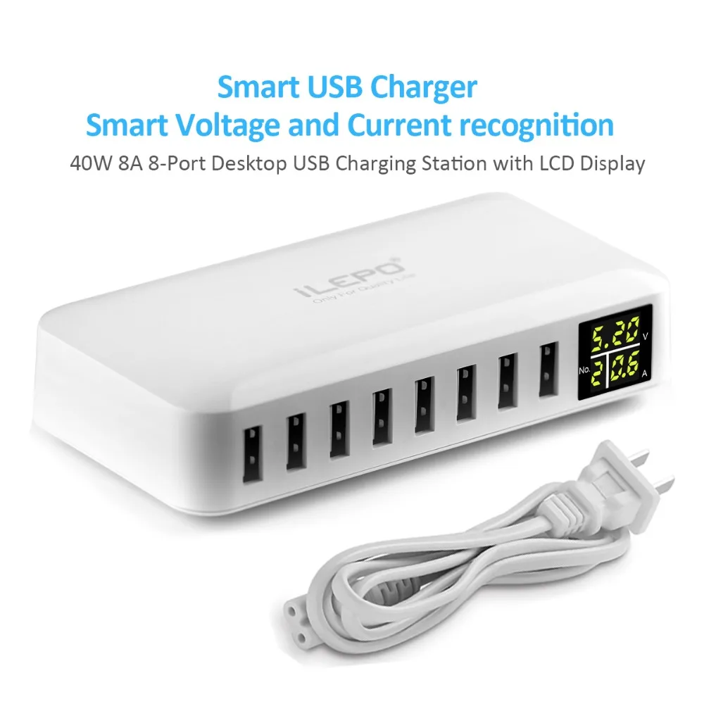 ILEPO i6 USB зарядное устройство 8-портовое качественное зарядное устройство для телефона с ЖК-дисплеем 5 в 8А для huawei Xiaomi внешний аккумулятор для планшета iPhone 8 X samsung