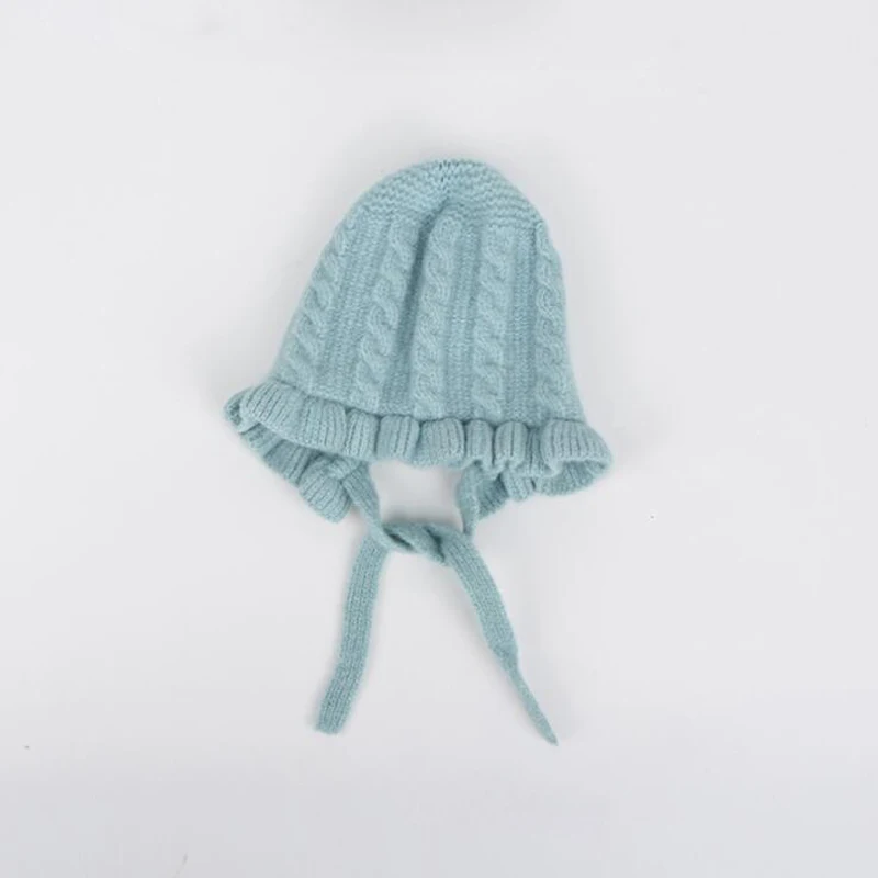 blue Шапки для девочек, красивые розовые осенние шапочки с бантом, высокое качество, вязаная теплая Защитная повязка с ушками, зимняя шапка - Цвет: blue