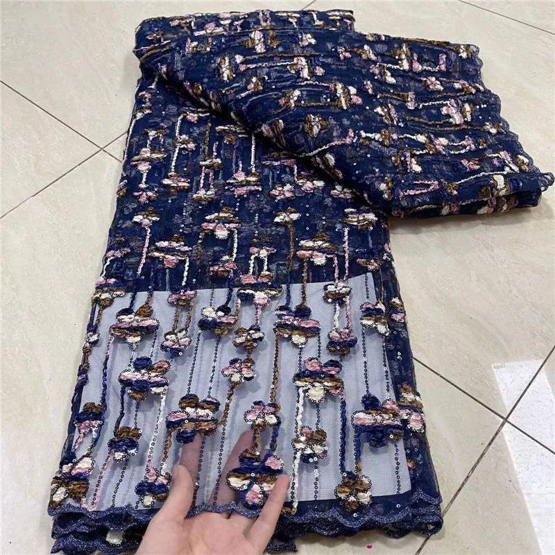 

Latest 2021 Tulle Lace Fabric Navy Blue High Quality African Embroidery Swiss French Sequins For Wedding Party Dress J98-20