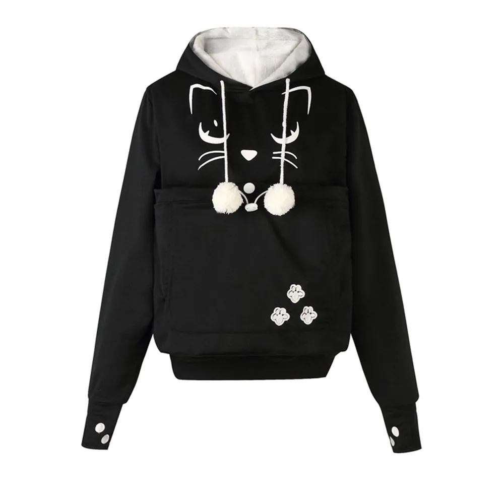 Women Sweatshirt Cat Face Printed Hoodies Plus Size Thicker Velvet Autumn Winter warm Drawstring pocket keep pet Sweatshirt