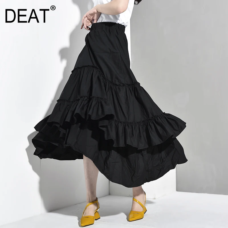 

[DEAT] 2019 New Spring Autumn High Elastic Waist Black Pleated Layers Ruffless Cake Half-body Skirt Women Fashion Tide JL639