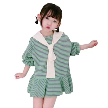 

Kids Dresses Casual Loose Stripes Lapel Splice Infant Dress Cotton Ruffle Toddler Baby Clothing Bell Sleeve Girls Dress 2019