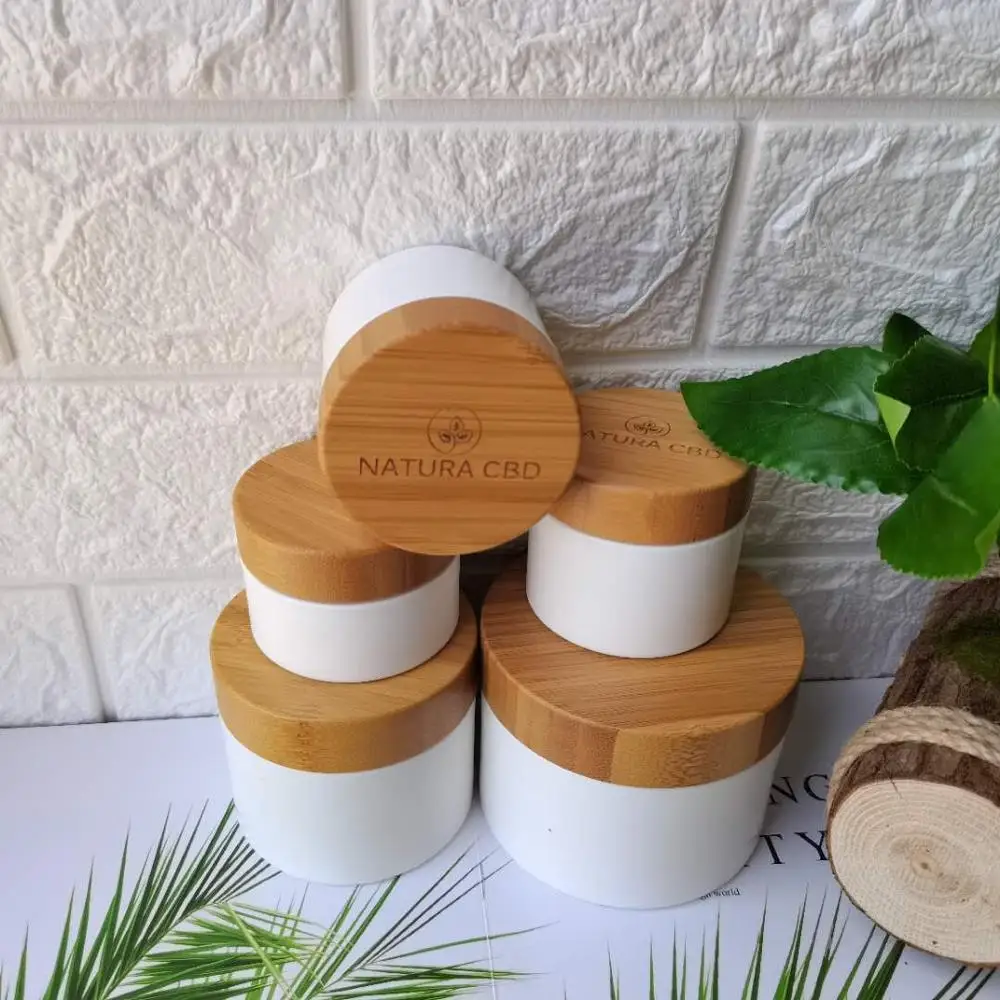 Wide Mouth Bamboo Jars Cosmetic Container Cream White Plastic Jar With