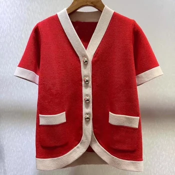 

Fashion Wool Knitted Cardigan Women Spring V-neck Short Sleeve Knitting Sweater Top Fashion Women Red Cardigan