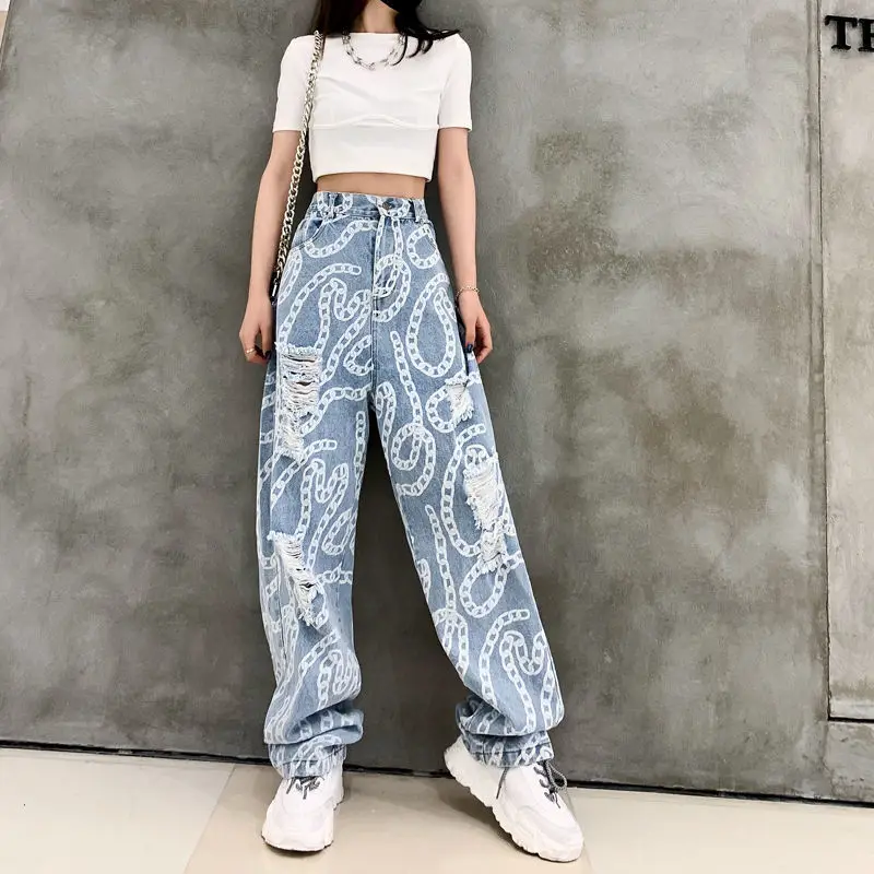 High waist wide leg hole jeans women 2021 spring and summer new fashion handsome straight jeans pants