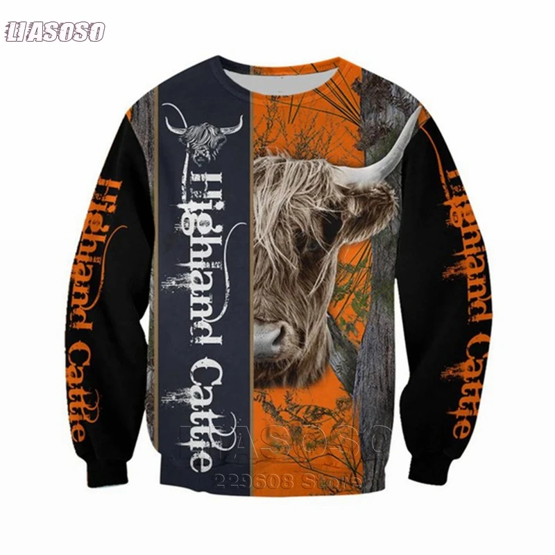 

LIASOSO 2020 The New Fashion Men 3D Print Hoodie Hunting Highland Cattle Sweatshirt Unisex Casual Zipper Hoodie
