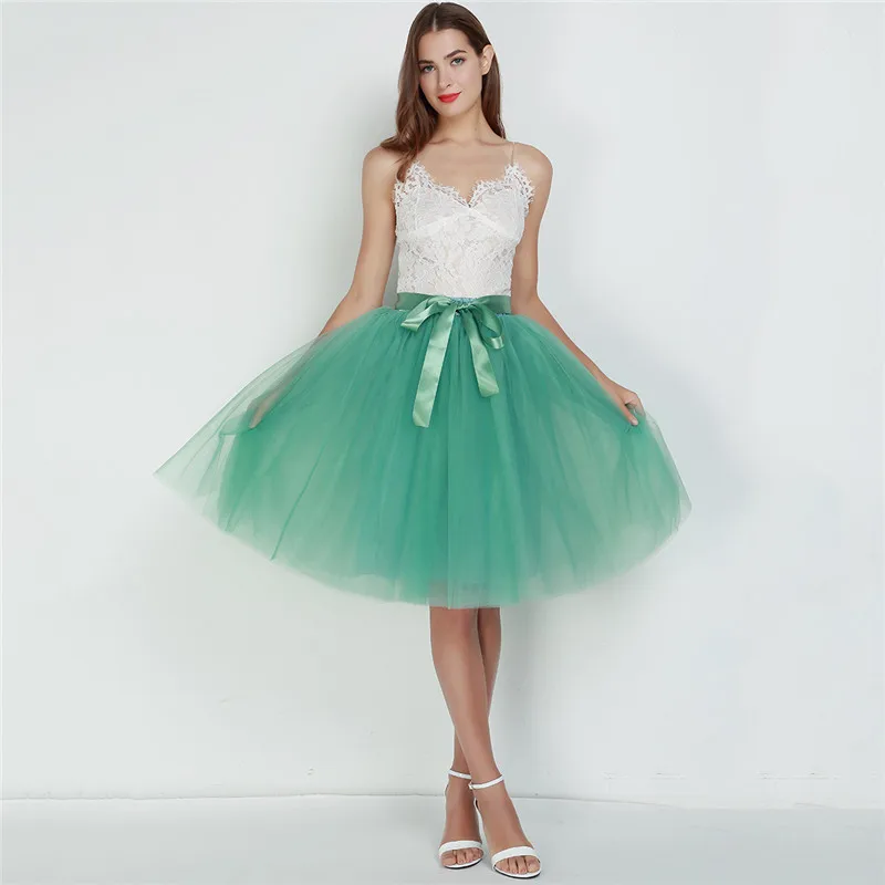 Light green Нижняя юбка, 7 слоистых тюлевых юбок для женщин, лето, высокая талия, Свинг Долли, бальное платье, сетчатая юбка-пачка средней длины, Faldas Saias - Цвет: Light green