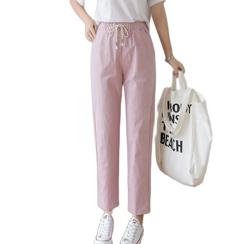 

Cotton Linen Pants For Women Trousers Loose Casual Solid Color Elastic Waist Women Harem Pants Drawstring Capri Summer
