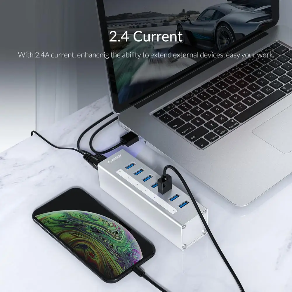  ORICO USB HUB soporte BC1.2 carga aluminio 4 puertos USB3.0 divisor con 12V2A adaptador de corrient