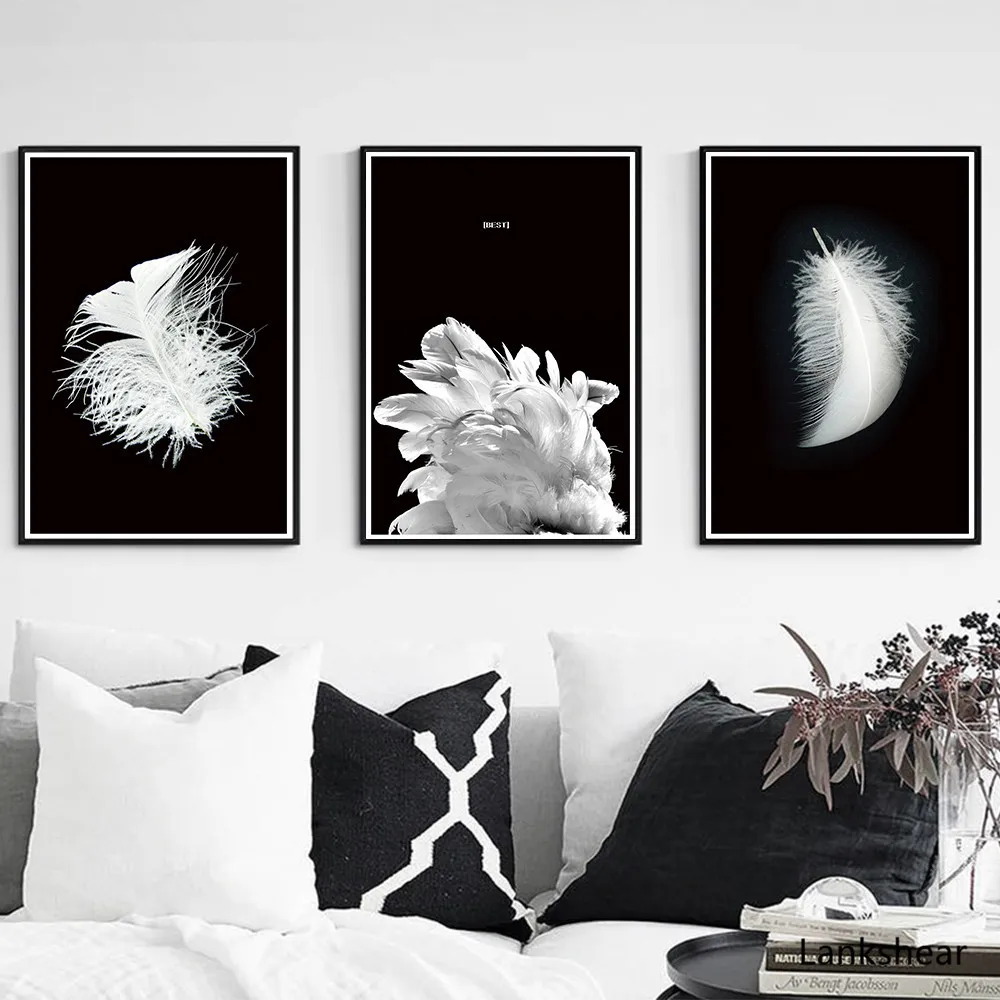

Feather Nordic Black and White Fine Canvas Art Poster Nordic Style Print Painting Abstract Wall Picture for Living Room Decor