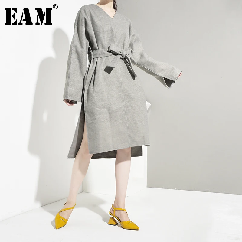 

[EAM] 2019 New Spring Winter V-collar Long Sleeve Gray Irregular Hem Big Size Bandage Woolen Dress Women Fashion Tide JL158