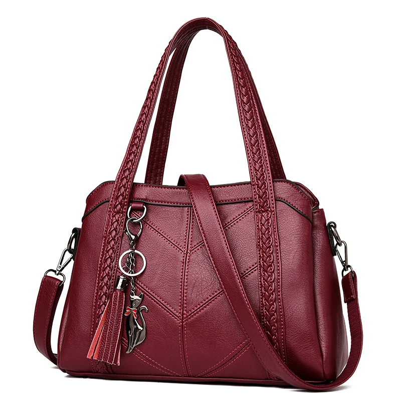 Женская Повседневная Сумка-тоут, женская сумка, большая сумка через плечо для женщин, Женская винтажная сумка на плечо из натуральной кожи - Цвет: Бургундия