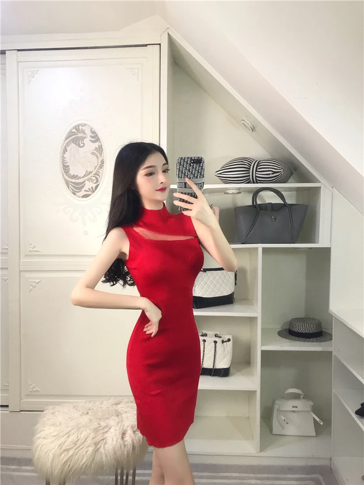 Vestidos Verano Mujer выдалбливают сплошной цвет водолазка без рукавов сетки мини Vestidos De Verano платья женские вечерние ночные