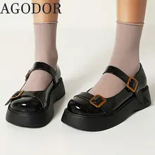 

AGODOR Women Patent Leather Low Heel Pumps Wedges Heel Mary Janes Shoes Buckle Goth Pumps All Match Uniform Shoes for Women
