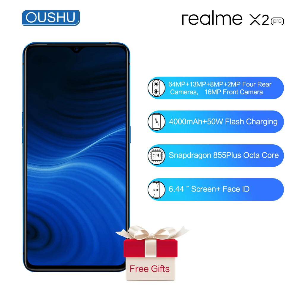 Мобильный телефон Realme X2 Pro 6GB 64GB Celular 50W Super VOOC 4000mAh с большой батареей 64MP Основная камера Snapdragon 855Plus 6,5''