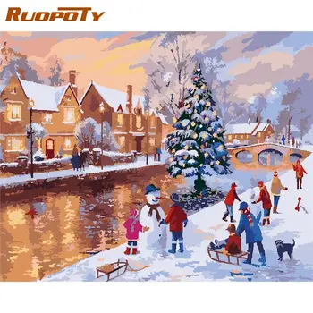 

RUOPOTY DIY Framed Painting By Numbers Hand Painted 40x50cm Coloring Canvas Christmas Gift Make Snowman Landscape Wall Art