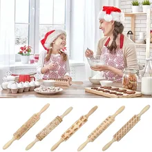 Christmas Embossing Rolling Pin Baking Cookies Biscuit Fondant Cake Dough Engraved Wooden Roller Reindeer Elk Snowflake#15