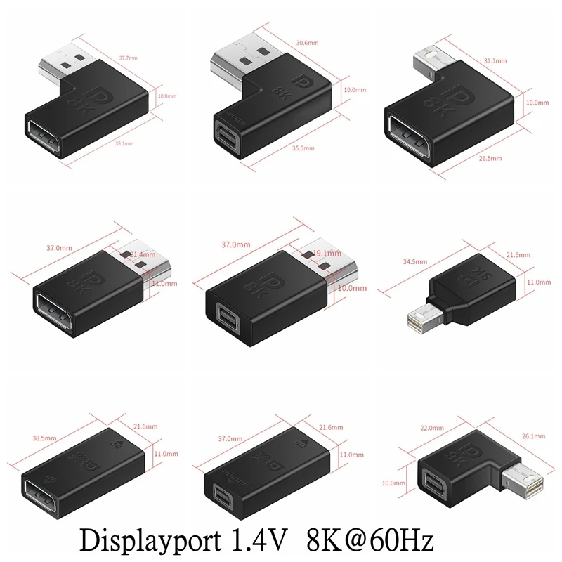 Displayport 1.4V 미니 DP 어댑터 직각 DP 8k/60Hz 4k 2K 165Hz 통과 90도 각도 Displayport 1.4v 변환기