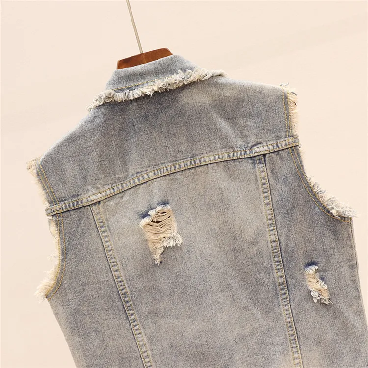 Autumn Sequins Ripped Embroidery Flower Jeans Vest Women Fashion Slim Denim Sleeveless Jacket Female Coat Waistcoat Mujer