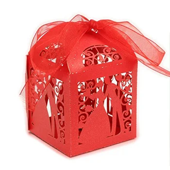 

50pcs Hollow Bride and Groom Style Wedding Favor Candy Boxes Gift Boxes with Ribbons (Red)