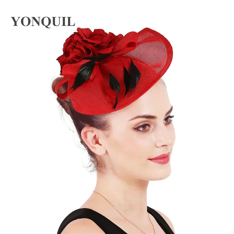 Имитация Sinamay красный аксессуары Fascinator вечерние ужин головные уборы с юбкой декорированное бусинами для девочек повязка на голову, головные уборы для женщин коктейльное церковь события шляп