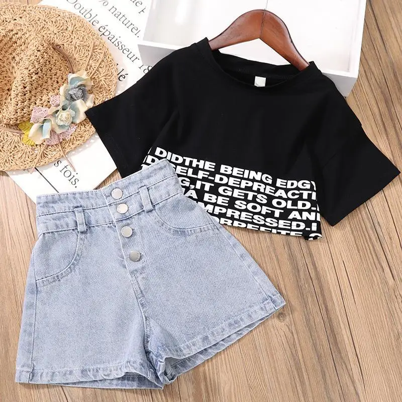 Kids T Shirt Set Girls Summer Crop Tops T-shirt + Denim shorts 2pcs