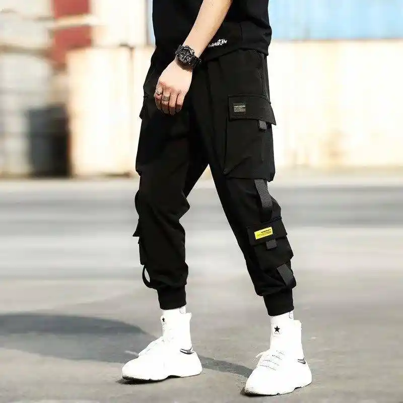 Pantalon Cargo En Polyester Pour Homme Jogging Confortable Avec Cordon De Serrage Noir Et Blanc Plusieurs Poches Bande A La Cheville Decontracte Aliexpress