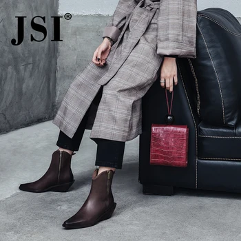 

JSI Ankle Women Boots Genuine Leather Square Toe Strange Heel Zipper handmade Ladies Shoes Fashion Med Heel Women Boots jo309