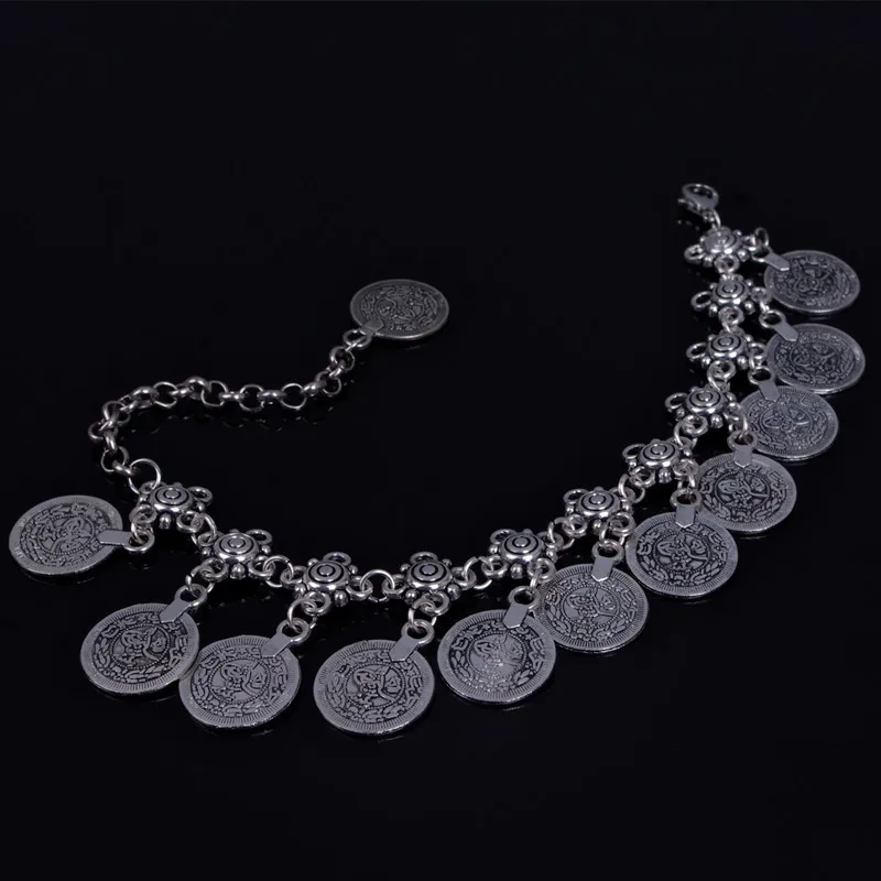 Лидер продаж, серебряная, в стиле бохо монета ножной браслет с кисточками в богемном стиле босиком сандалии цепи ювелирные изделия, 19+ 9 см