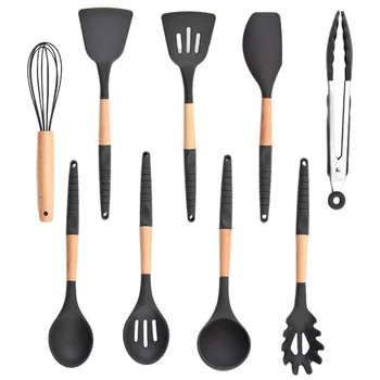 

9pcs Restaurant Kitchen Utensil Set Non Stick Cooking Baking Scraper Silicone Egg Beater Heat Resistant Wooden Core Food Clip